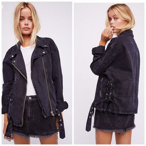 FREE PEOPLE Denim Moto Lace-up Jacket